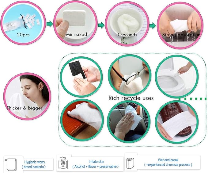Premium Compressed Towel Tablet, Essential Face Washcloths for Travel, Camping, Hiking, Sports and Beyond, Portable Disposable Thicker Larger, Pure Cotton, 20PCS