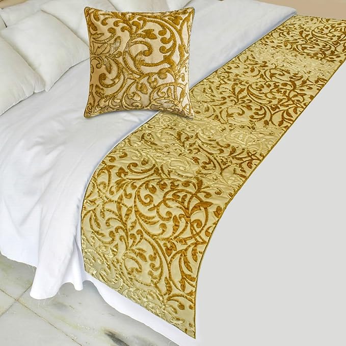 The HomeCentric King/Queen/Twin Beige Gold Decorative Bed Runner King 90"x18" Bed Runner with One Pillow Cover, Cut Velvet, Beaded Bed Scarf on Velvet Fabric - Serene Symphony