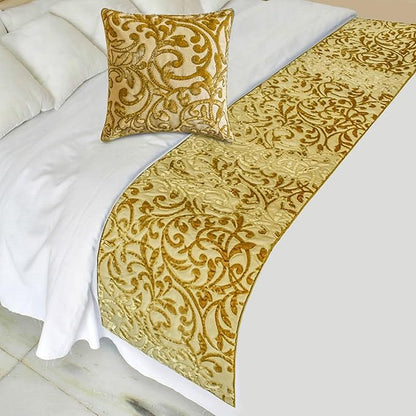 HomeCentric Beige Gold Decorative Bed Runner - CA King 86"x18" Velvet Bed Scarf - Serene Symphony