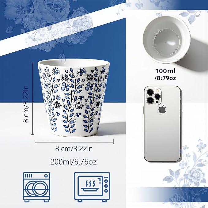 YQ&AMK 6.7oz Blue and White Floral Ceramic Cup