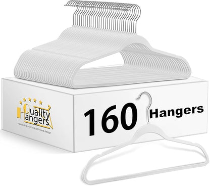 Quality Hangers 160 Pack Non-Velvet Plastic Hangers for Clothes - Heavy Duty Coat Hanger Set - Space-Saving Closet Hangers with Chrome Swivel Hook, Functional Non-Flocked Hangers - Cream White