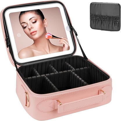 Makeup Bag with LED Mirror, [3 Color and Stepless Dimmable] Rechargeable LED Light for Makeup Bag Train Case with Brushes Storage Organizer, Travel Box Cosmetic Bag for Women - Pink