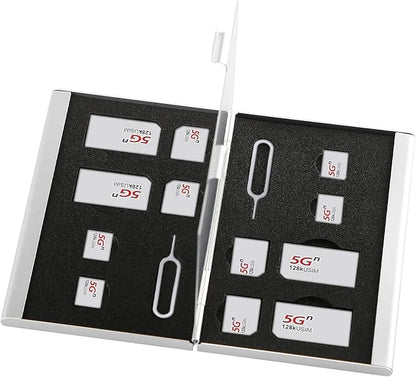 Aluminum SIM Card Case, 14Slots Ultrathin SIM Card Holder, Fit for 4 SIM Card, 4 Micro sim Card, 4 Nano sim Card and 2 Cell Phone Eject Pin Slots, Silver