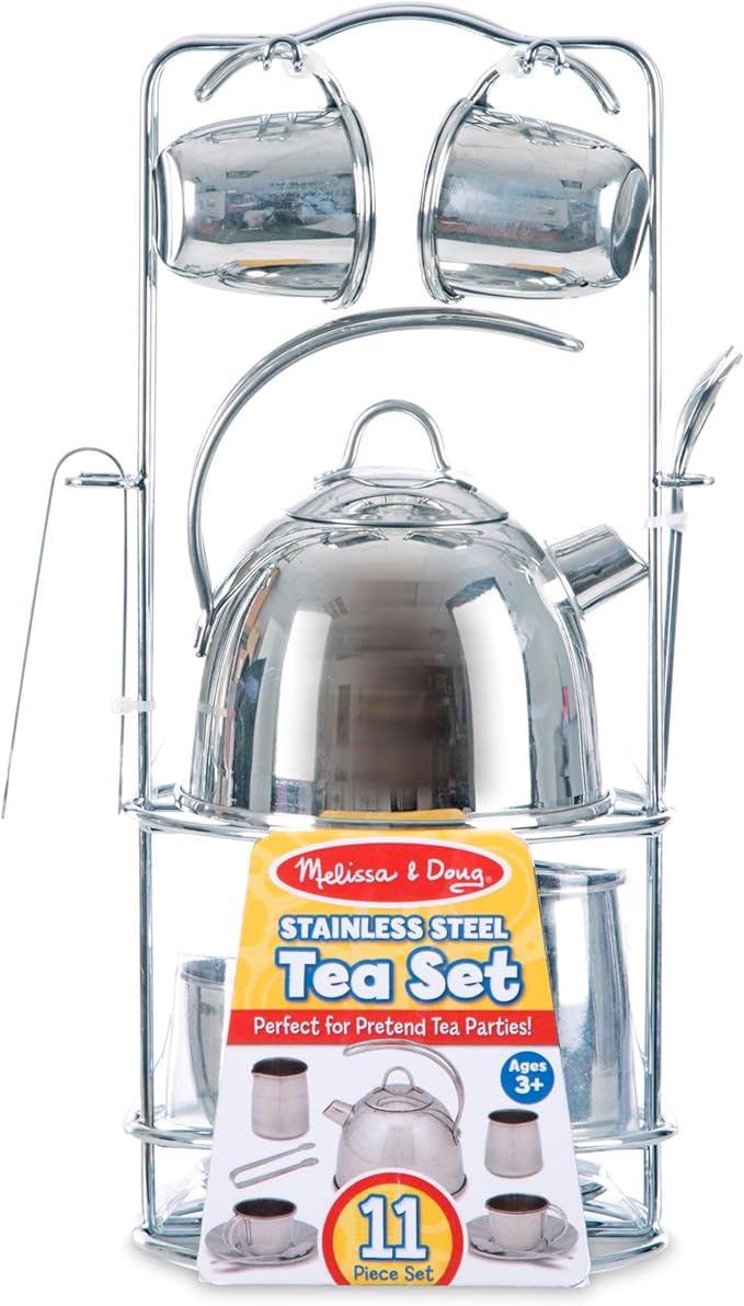Melissa & Doug Stainless Steel Pretend Play Tea Set and Storage Rack