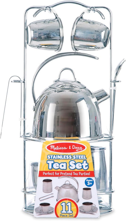 Melissa & Doug Stainless Steel Pretend Play Tea Set and Storage Rack