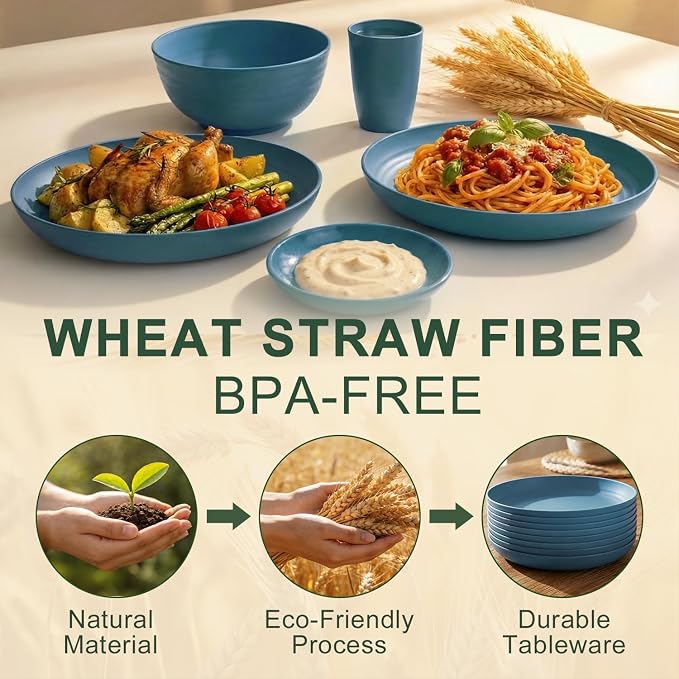 Wheat Straw Dinnerware Sets for 8, Unbreakable Bowl and Plate Set 40 Piece