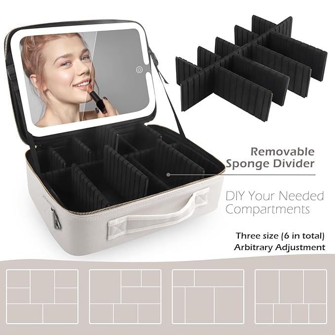 MOMIRA Travel Makeup Bag Cosmetic Bag Makeup Organizer Bag with Lighted Mirror, Adjustable Brightness in 3 Color Scenarios, Waterproof Makeup Train Case, Gift for Women - Khaki (Large)