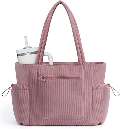 ECOHUB Tote Bag for Women, Work Tote Bags with Laptop Compartment, Large Corduroy Tote Bag with Stanley Cup Holder