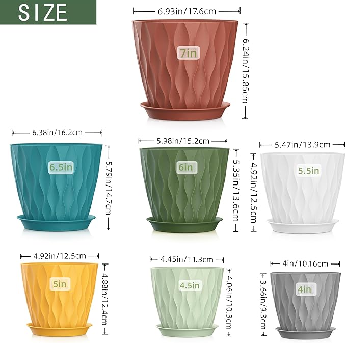 4/4.5/5/5.5/6/6.5/7 Inch Plant Pots, 7 Pack Flower Pots