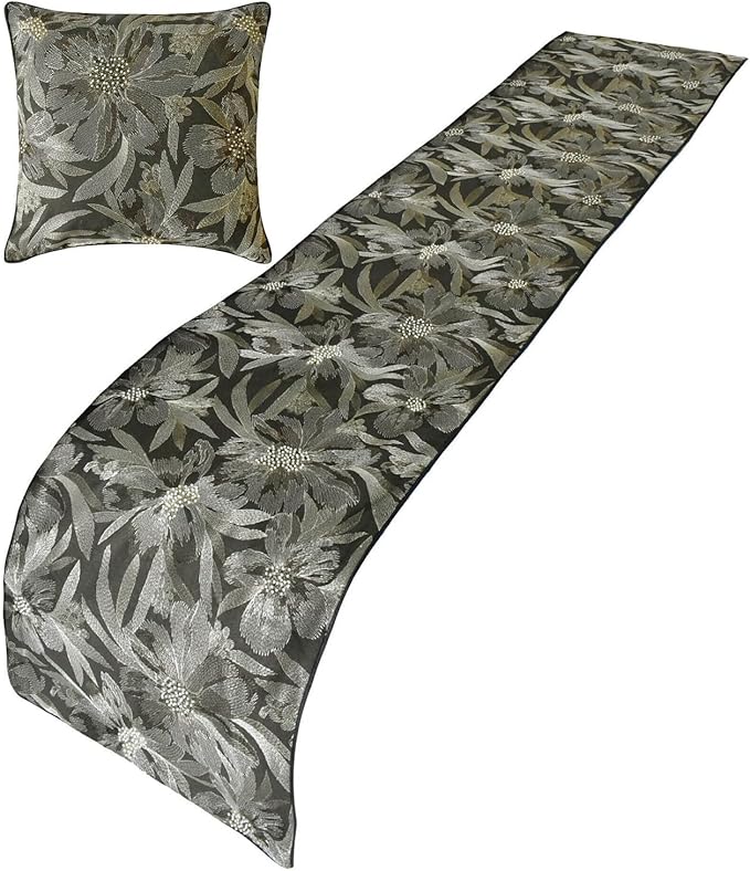 The HomeCentric King/Queen/Twin Grey Decorative Bed Runner Twin 53"x18" Bed Runner with One Pillow Cover, Embroidery, Floral, Pearl Bed Scarf on Jacquard Fabric - Liana