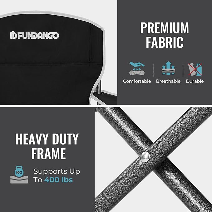 FUNDANGO Folding Camping Chair with Table, 2 Pack Portable Heavy Duty Outdoor Padded Chairs for Adults with Cup Holders for Lawn Beach Picnic Outside Travel (Black)