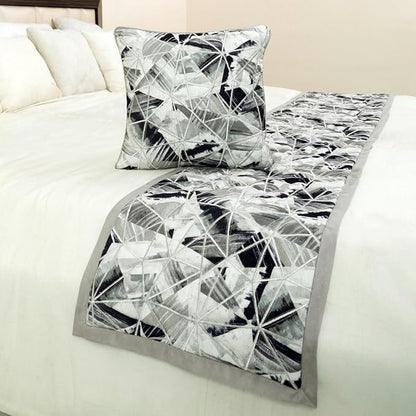 The HomeCentric King/Queen/Twin Grey Decorative King 90"x18" Bed Runner with Pillow Cover, Print & Embroidery Bed Scarf on Cotton Fabric - Grey Angular