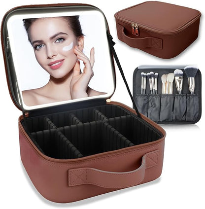Makeup Bag with Led Mirror,Travel Makeup Organizer with 3 Color Setting, Portable Storage and Adjustable Dividers Travel Makeup Bag(Dark brown)