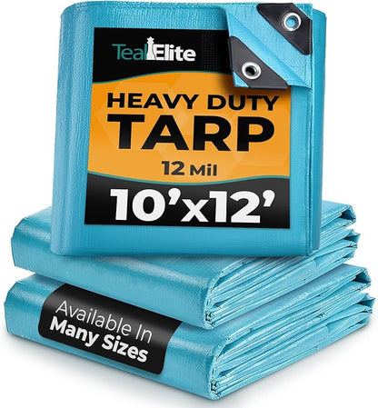 Tarps Heavy Duty Waterproof 10x12-12 mil Thick Camping Tent - Blue Tarp 10x12 UV Resistant, Rip & Tear Proof with Metal Grommets – Multipurpose Use for Camping, Tent, Boat, RV, Car, & Pool Cover