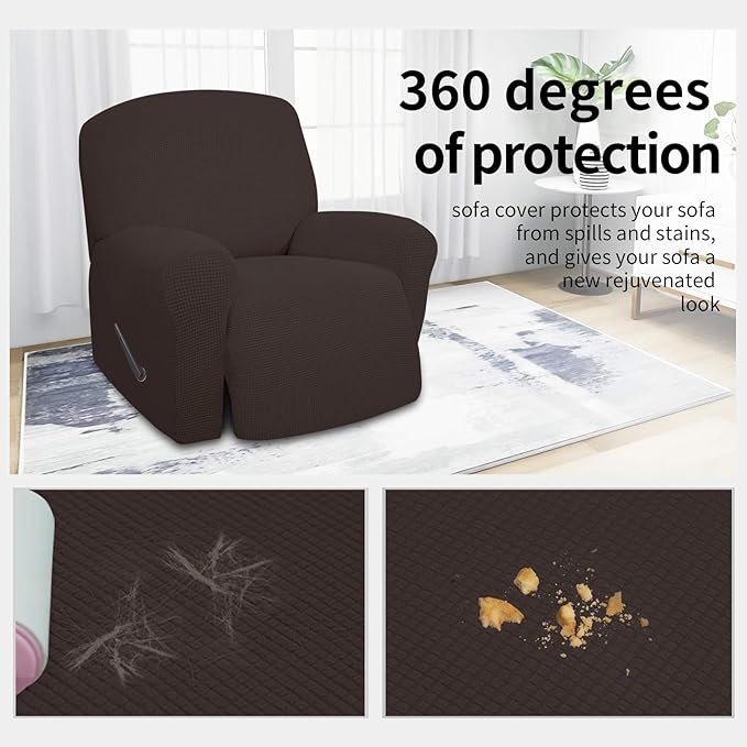Easy-Going 4 Pieces Oversized Recliner Stretch Sofa Slipcover Sofa Cover Furniture Protector Couch Soft with Elastic Bottom Polyester Spandex Jacquard Fabric Small Checks Chocolate,X-Large