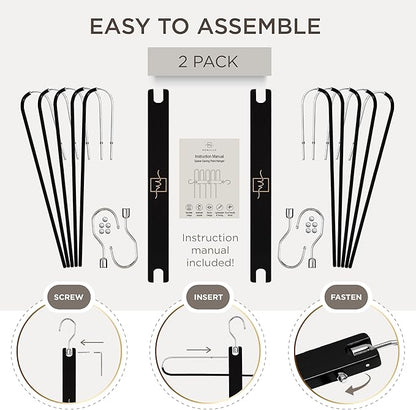 MORALVE Pants Hangers Space Saving - 2 Pack European Beechwood Scarf and Jean Hangers - Closet Organizer and Space Saver Pant Rack, Leggings Hanger, and Scarf Holder with 360° Swivel Hook