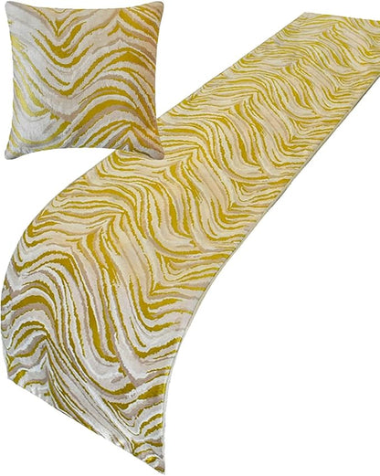 The HomeCentric King/Queen/Twin Yellow & Grey Decorative Bed Runner King 90"x18" Bed Runner with One Pillow Cover, Abstract Wave Pattern Bed Scarf on Jacquard Fabric - Yellow Whirls