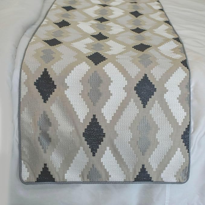 The HomeCentric King/Queen/Twin Beige Decorative Bed Runner King 90"x18" Bed Runner with One Pillow Cover, Embroidery,Aztec Bed Scarf on Linen Fabric - Thread Tale