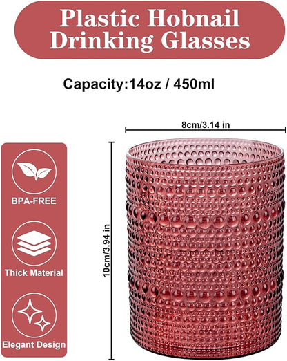 18PCS Hobnail Plastic Drinking Glasses 14 oz Burgundy Cups