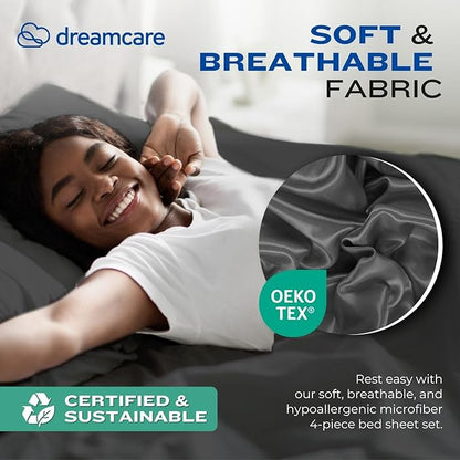 DREAMCARE Twin XL Sheet Sets - 4pc Cooling Sheets XL Twin Sheets - Twin XL Sheets up to 21” Deep Pocket – Hotel Luxury Extra Long Bed Sheets 100% Brushed Microfiber with Side Pocket - Gray