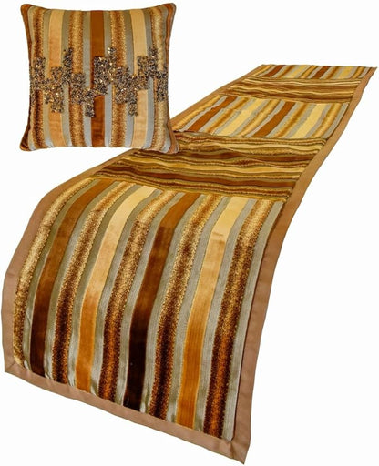 The HomeCentric King/Queen/Twin Gold & Brown Decorative Twin 53"x18" Bed Runner with Two Pillow Cover, Striped, Beadwork & Handmade Bed Scarf on Velvet Fabric - Streamlined