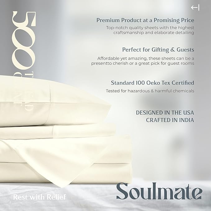 Mayfair Linen 100% Cotton Bed Sheets California King Sheet Set - 500 Thread Count Sheets Cal King Size 4 PC Set (Ivory), Soft, Cooling, 16" Deep Pocket Sateen Weave Cotton Bedsheet for Hot Sleepers