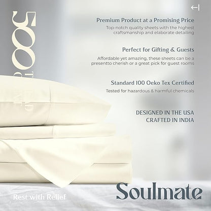 Mayfair Linen 100% Cotton Bed Sheets California King Sheet Set - 500 Thread Count Sheets Cal King Size 4 PC Set (Ivory), Soft, Cooling, 16" Deep Pocket Sateen Weave Cotton Bedsheet for Hot Sleepers