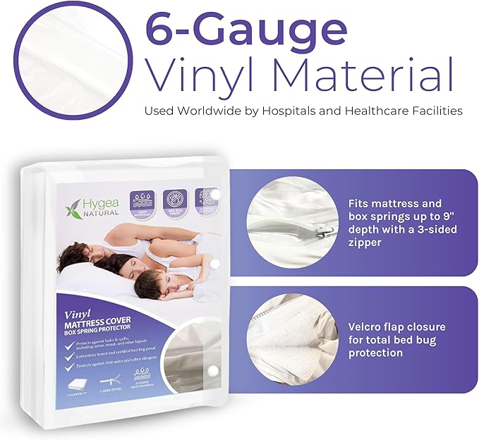 Hygea Natural King Size Tear-Free Vinyl Box Spring & Mattress Cover - Waterproof, Anti-Bed Bug and Allergen-proof, Zippered Encasement - 78” x 80” x 9” Deep - Durable Protection