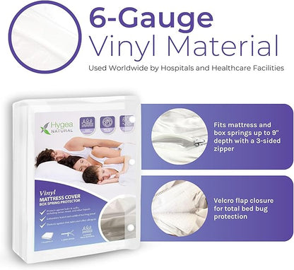 Hygea Natural Queen Size Tear-Free Vinyl Box Spring & Mattress Cover - Waterproof, Anti-Bed Bug and Allergen-proof, Zippered Encasement - 60” x 80” x 9” Deep - Durable Protection