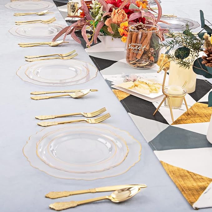 YOUBET 125PCS Clear Gold Plastic Plates