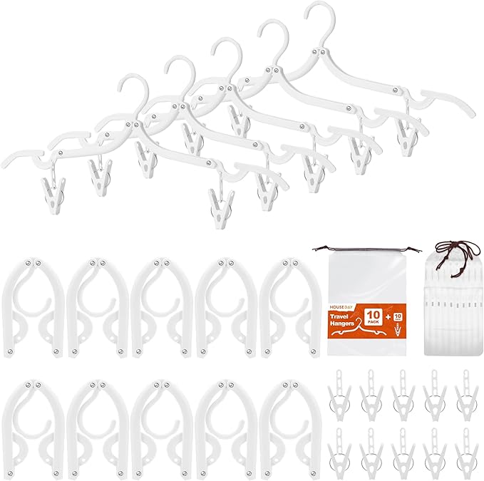HOUSE DAY Foldable Travel Hangers 10 Pack w/10 Clips, Cruise Essentials 2025, Portable Hangers Collapsible Hanger Plastic, Travel Must Haves for Suitcase, Hotel, RV, Road Trip, Flying, Camping-White