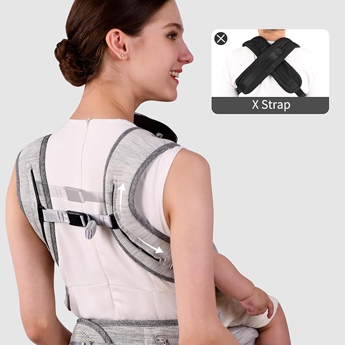 Bebamour Baby Carrier Newborn to Toddler with Hip Seat Baby Carrier Front and Back Carry Carrier with Head Hood, 3 PCS Teething Pads,Storage Bag (Gray-Knit)