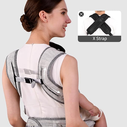Bebamour Baby Carrier Newborn to Toddler with Hip Seat Baby Carrier Front and Back Carry Carrier with Head Hood, 3 PCS Teething Pads,Storage Bag (Gray-Knit)