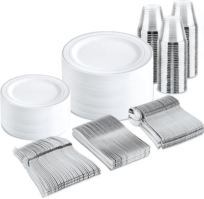 bUCLA 300PCS Silver Disposable Plastic Dinnerware Set