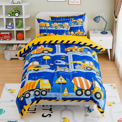 SANDJEST Construction Bedding Sets for Boys, Ultra Soft Microfiber Comforter Bed Set with 3-Pieces, Comforters Sets for Kids Children Boy Bedroom Decor