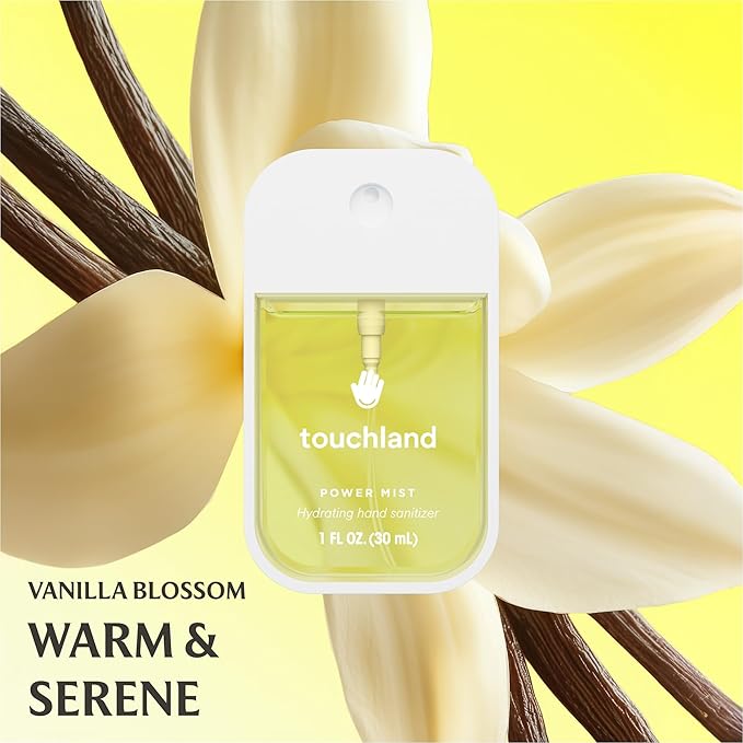 Touchland VANILLA INDULGENCE Body and Hand Mist Essentials (Vanilla Velvet Body & Hair Fragrance Mist, 2 FL. OZ. + Vanilla Blossom Hydrating Hand Sanitizer Spray 1FL.OZ.), Travel Size Set