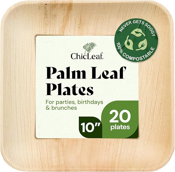 Chic Leaf Palm Leaf Disposable Bamboo Plates – Square, Biodegradable & Compostable Party Plates for Weddings, Parties & Events - Disposable Platter (10", 20 Pack)