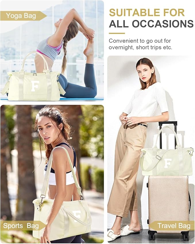 Initial Travel Duffel Bag Sports Gym Bag for Kids Teen Birthday Gifts,Beige Personalized Weekender Bag Carry On Dance Bags for Women Men,Waterproof Monogram Overnight Bag with Trolley Sleeve(Letter F)