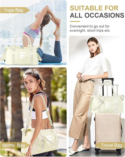 Initial Travel Duffel Bag Sports Gym Bag for Kids Teen Birthday Gifts,Beige Personalized Weekender Bag Carry On Dance Bags for Women Men,Waterproof Monogram Overnight Bag with Trolley Sleeve(Letter F)