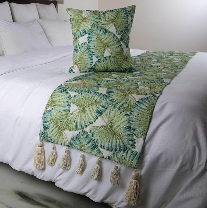 The HomeCentric Decorative Designer Handmade Bed Runner with Decorative Throw Pillow Cover, 68 x 18 Inch Designer Full Size Bed Scarf in Printed Linen & Embroidery Bed Linen - Tropical Feeling