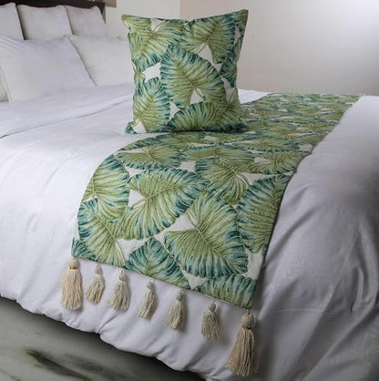 The HomeCentric Decorative Designer Handmade Bed Runner with Decorative Throw Pillow Cover, 68 x 18 Inch Designer Full Size Bed Scarf in Printed Linen & Embroidery Bed Linen - Tropical Feeling