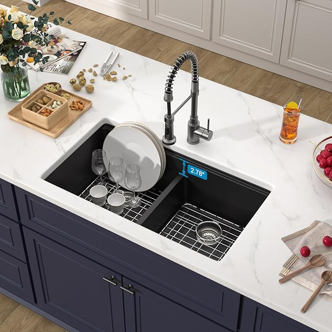 33 Inch Black Undermount Granite Composite Kitchen Sink Under Counter Quartz Single Bowl Sink Workstation Sinks with Accessories Quick Drain Noise Reduction Home Renovation Classic Style