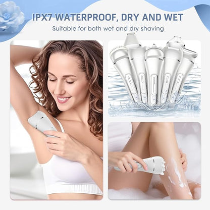 Electric Shavers for Women, 7 in 1 Hair Removal Kit with Epilator Bikini Trimmer Face Razor Body Brush Face Massager Foot Callus Remover, IPX7 Waterproof Lady Razors Set for Legs Armpit Bikini Pubic