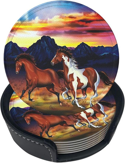 6 Pcs Wild Horses Running Leather Coasters