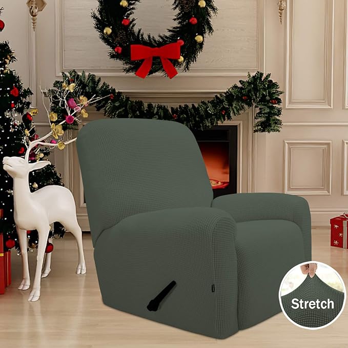 Easy-Going Recliner Stretch Sofa Slipcover Sofa Cover 4-Pieces Furniture Protector Couch Soft with Elastic Bottom Kids Spandex Jacquard Fabric Small Checks(Recliner,Olive Green,Large)