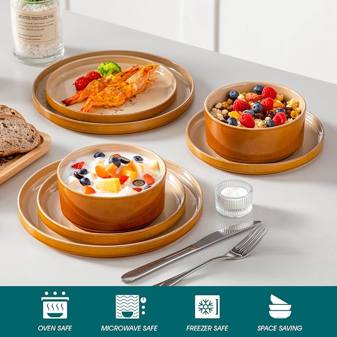 vancasso ONION Ceramic Plates and Bowls Sets, 12 Pieces Brown Dinnerware Sets
