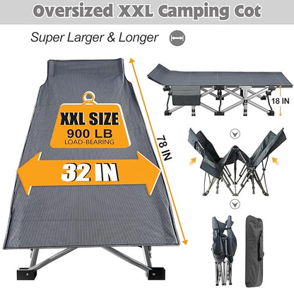 ABORON 2PK XXL Camping Cot for Adults 900LBS - 78"×32" Oversized Folding Bed with Mattress Pad, Heavy Duty 1200D Oxford Outdoor Cot with Carry Bag