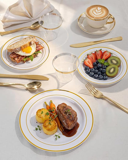 bUCLA 600Pcs White and Gold Plastic Plates