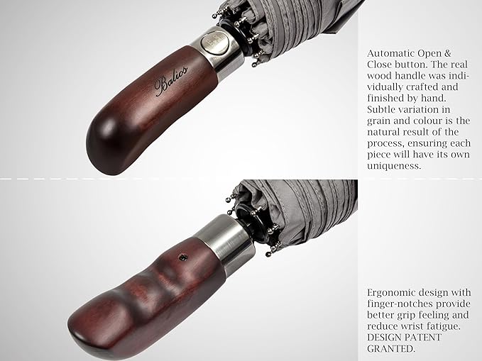Balios Travel Folding Umbrella with Real Wood Handle Auto Open Close Vented Windproof Canopy - Designed in UK