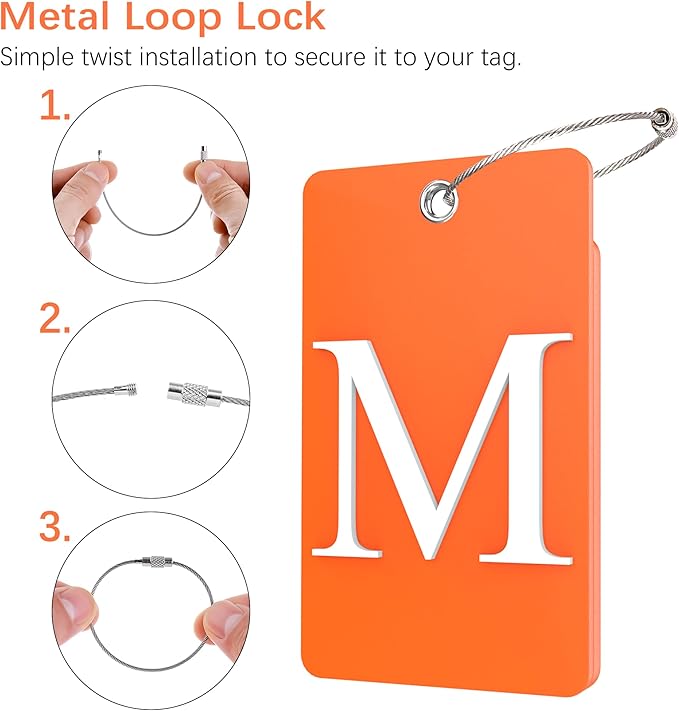 Gostwo 2 Pack Luggage Tags for Suitcases, 26 Initial Letter Travel Luggage Baggage Identification Labels ID Tag Fully Bendable Tags with Stainless Steel Loop (Orange) (Letter M)